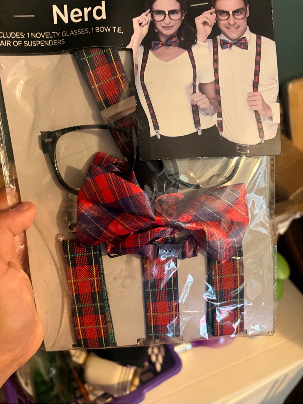 Nerd Costume accessories - Plaid Bow Tie with Matching Suspenders and glasses